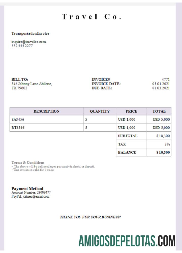 Fatura da USA Travel Co. exemplo real